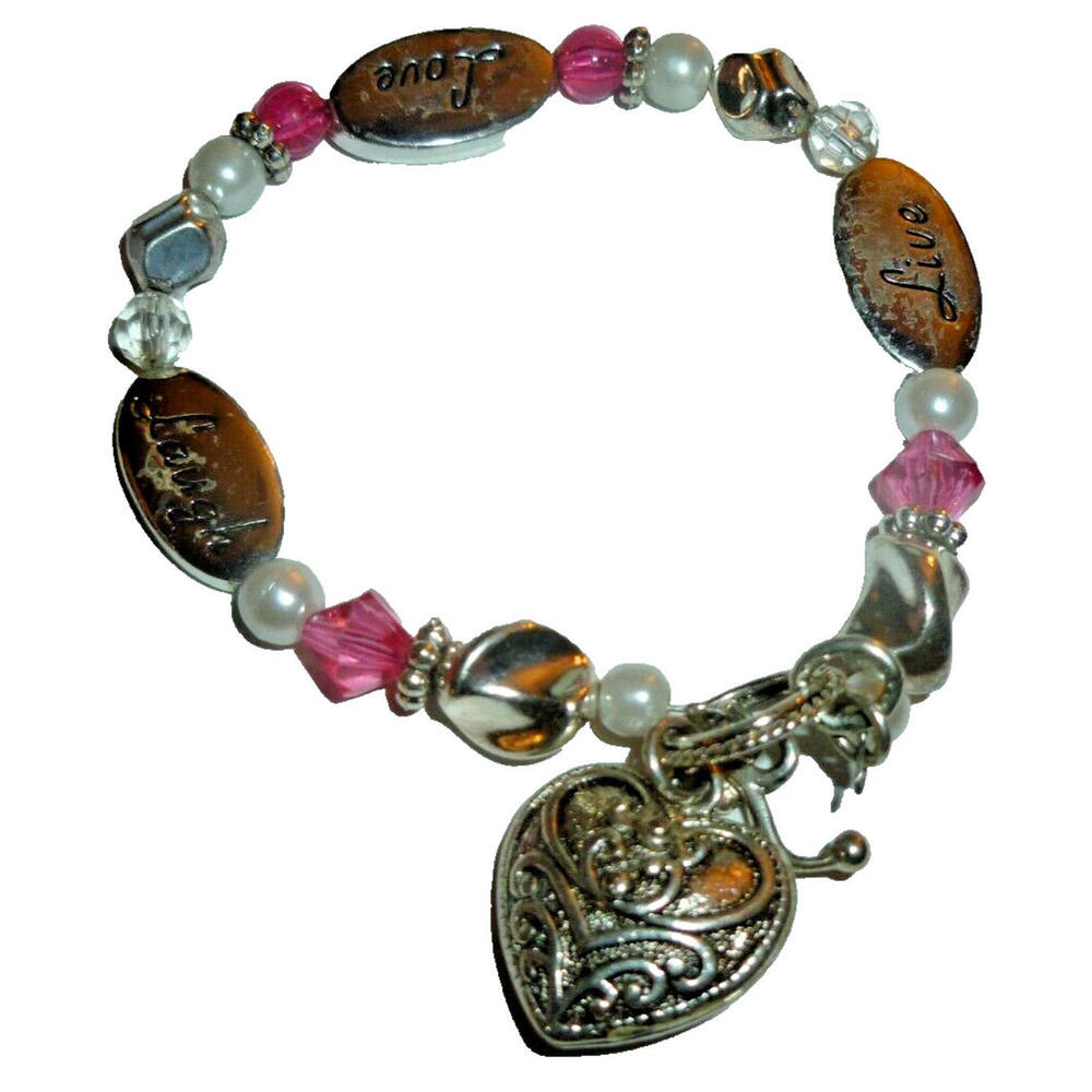 Live Love Laugh Bracelet Pink White Silvertone Toggle Clasp Heart Charm